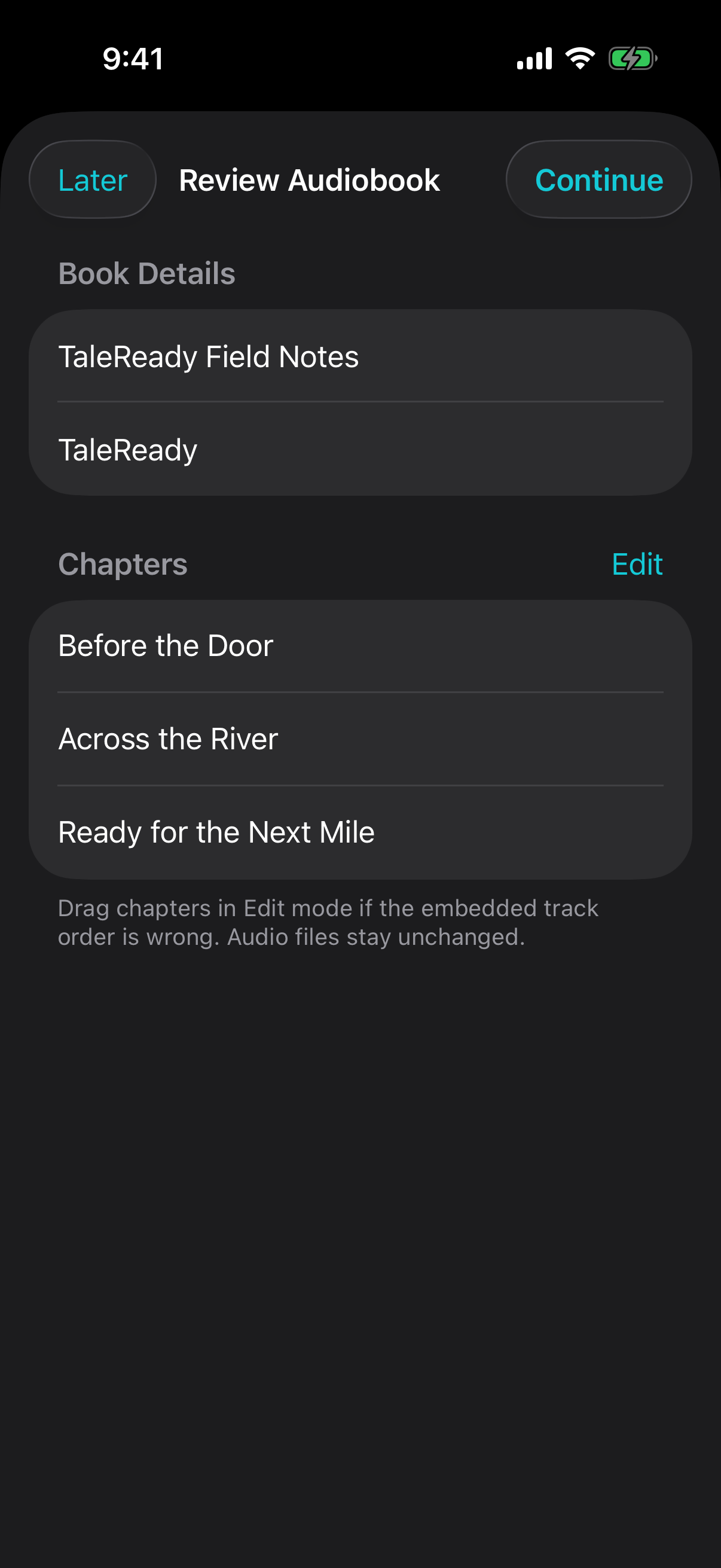 TaleReady reviewing the chapters of the built-in demo audiobook on iPhone