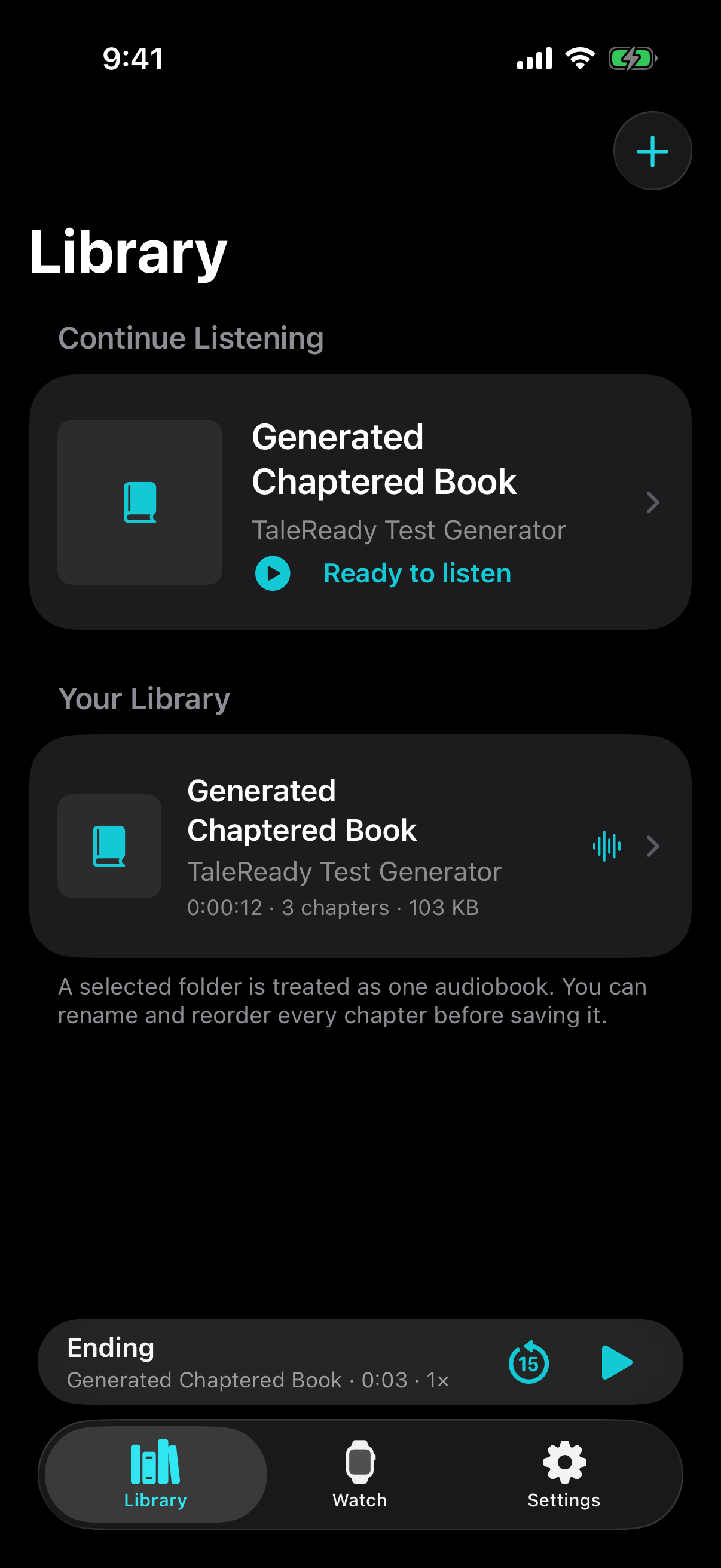 TaleReady library with the built-in generated demo audiobook ready to listen