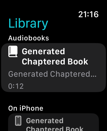 The generated demo audiobook in the TaleReady Apple Watch library