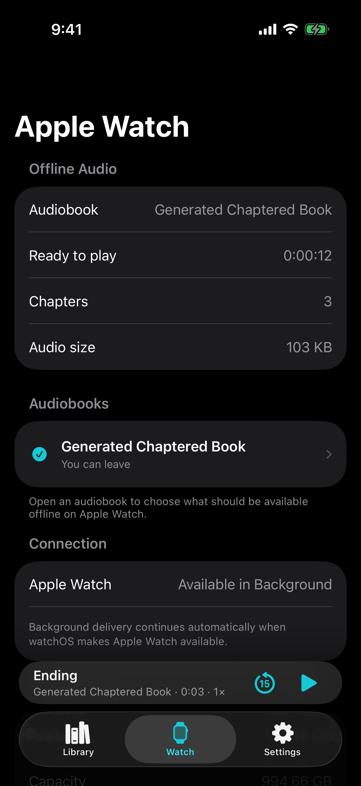 TaleReady showing a generated audiobook verified and ready on Apple Watch